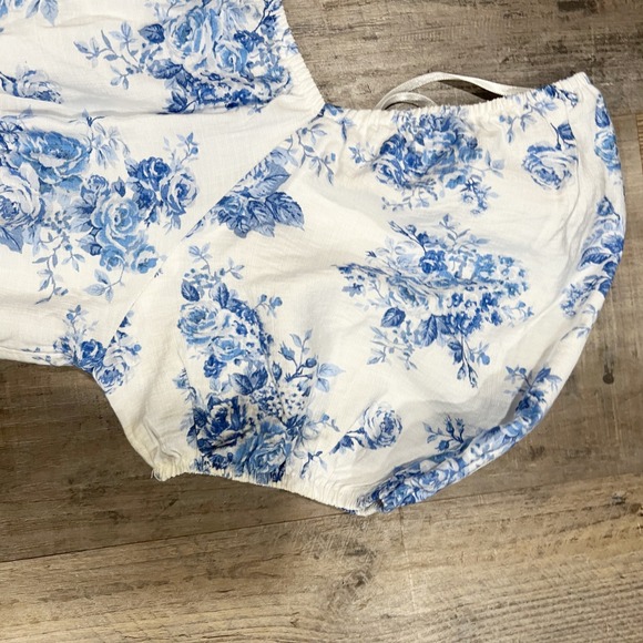 Monteau Los Angeles Blue Floral Toile Puff Sleeve Crop Top XL Sweetheart Lace - Picture 7 of 8